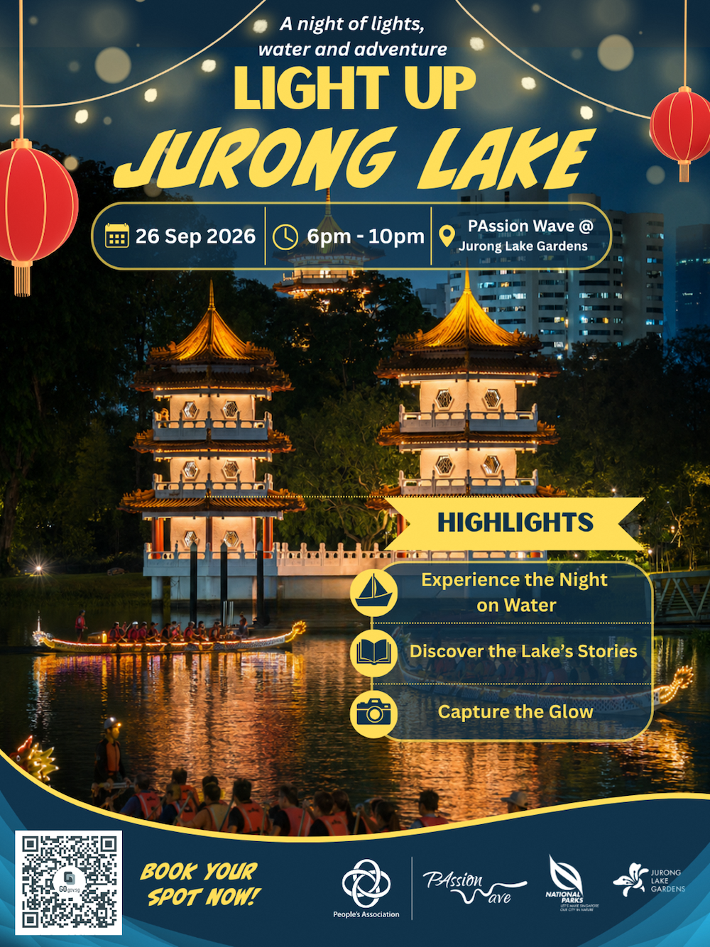 poster featuring the twin pagoda at jurong lake gardens at night with eventgoers on dragonboats in the foreground
